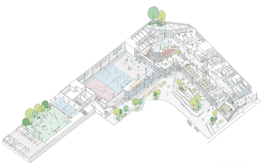 Axonometrische Darstellung mit gestaffelten Terrassen, vielfältigen Bewegungsräumen, urbanen Gärten und offenem Küchenbereic